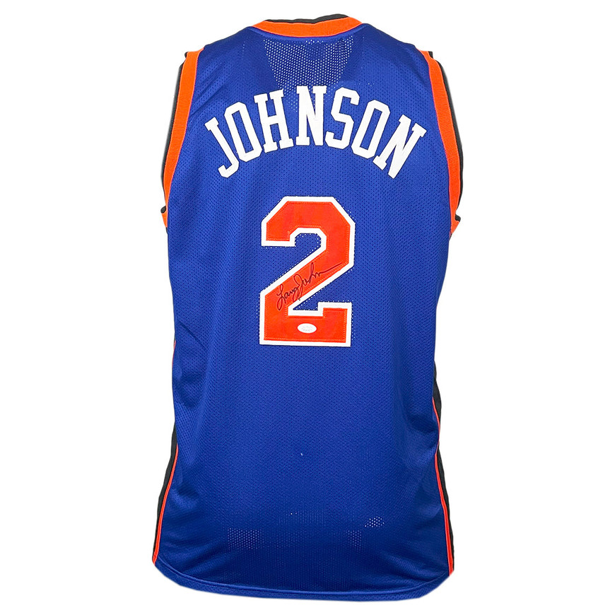 Larry Johnson Signed New York Blue Basketball Jersey (JSA) -