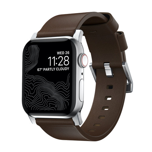 Nomad Horween Genuine Leather Strap for Apple Watch 44/45/46/49mm, Rustic Brown with Silver hardware