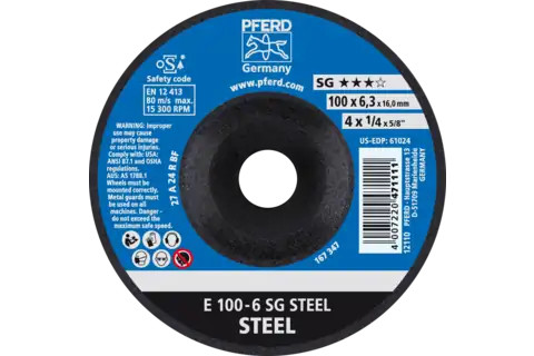 Pferd 61024 SG STEEL Type 27 Grinding Wheel | 4" Diameter | 5/8" Arbor Hole | 1/4" Thickness | Sold by Box of 10