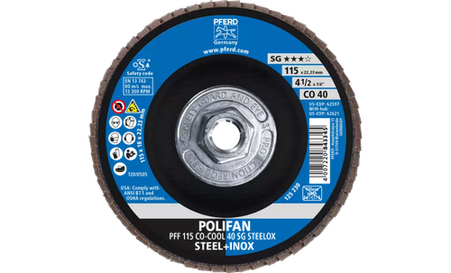 Pferd 62621 Polifan Flap Disc | 5/8-11" Arbor Hole | 4-1/2" Diameter | Ceramic Oxide 40 Grit | Type 27 | Sold by Box of 10