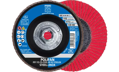 Pferd 62621 Polifan Flap Disc | 5/8-11" Arbor Hole | 4-1/2" Diameter | Ceramic Oxide 40 Grit | Type 27 | Sold by Box of 10