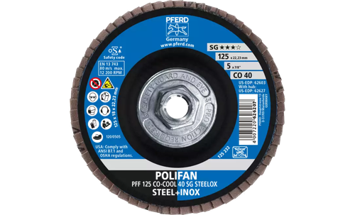 Pferd 62627 Polifan Flap Disc | 5/8-11" Arbor Hole | 5" Diameter | Ceramic Oxide 40 Grit | Type 27 | Sold by Box of 10