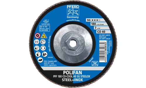 Pferd 62639 Polifan Flap Disc | 5/8-11" Arbor Hole | 7" Diameter | Ceramic Oxide 40 Grit | Type 27 | Sold by Box of 10