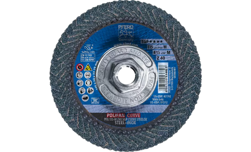 PFERD 67212 Polifan Flap Disc | 5/8-11" Arbor Hole | 4-1/2" Diameter | Zirconia Alumina 40 Grit | Radial Type | Sold by Box of 10