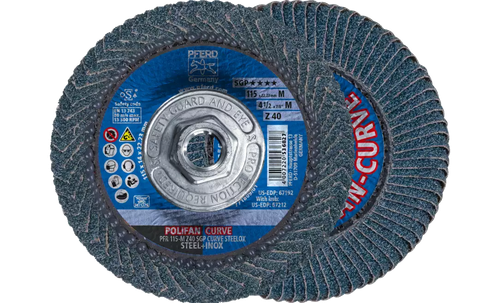PFERD 67212 Polifan Flap Disc | 5/8-11" Arbor Hole | 4-1/2" Diameter | Zirconia Alumina 40 Grit | Radial Type | Sold by Box of 10