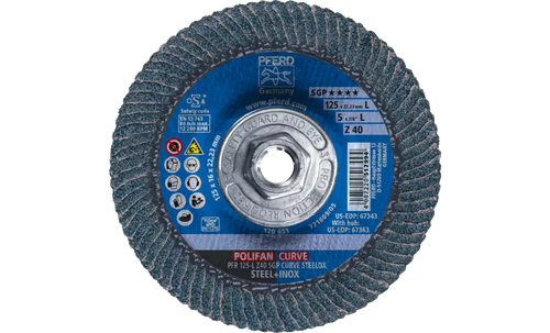 PFERD 67363 Polifan Flap Disc | 5/8-11" Arbor Hole | 5" Diameter | Zirconia Alumina 40 Grit | Radial Type | Sold by Box of 10