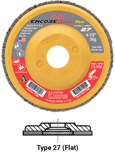 United Abrasives SAIT 71300 Encore Ceramic Plus Regular Density Disc | 4-1/2" Diameter | 7/8" Arbor Hole | Ceramic 36 Grit | Type 27 | Sold by Pack of 10