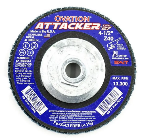 United Abrasives SAIT 76318 Ovation Attacker High Density Flap Disc | 4-1/2" Diameter | 5/8"-11 Arbor Hole | Zirconium 60 Grit | Type 27 | Sold by Pack of 10