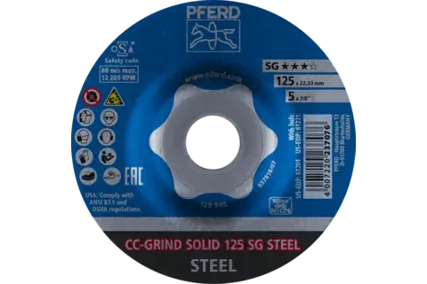 Pferd 61201 CC-GRIND-SOLID SG STEEL Grinding Disc | 5" Diameter | 7/8" Arbor Hole | Sold by Box of 10