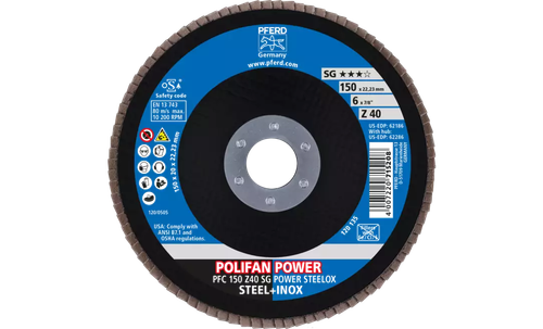 Pferd 62186 Polifan Flap Disc | 7/8" Arbor Hole | 6" Diameter | Zirconia Alumina 40 Grit | Type 29 | Sold by Box of 10