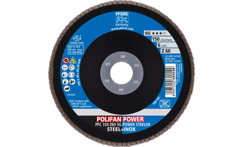 Pferd 62189 Polifan Flap Disc | 7/8" Arbor Hole | 6" Diameter | Zirconia Alumina 60 Grit | Type 29 | Sold by Box of 10