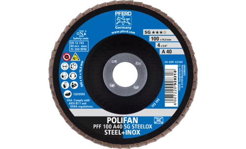 Pferd 62140 SG Steelox Polifan Flap Disc | 5/8" Arbor Hole | 4" Diameter | Aluminum Oxide 40 Grit | Type 27 | Sold by Box of 10