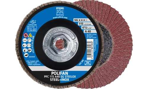 Pferd 62302 SG Steelox Polifan Flap Disc | 5/8-11" Arbor Hole | 4-1/2" Diameter | Aluminum Oxide 40 Grit | Type 29 | Sold by Box of 10