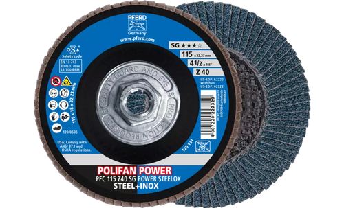 Pferd 62322 Polifan Flap Disc | 5/8-11" Arbor Hole | 4-1/2" Diameter | Zirconia Alumina 40 Grit | Type 29 | Sold by Box of 10
