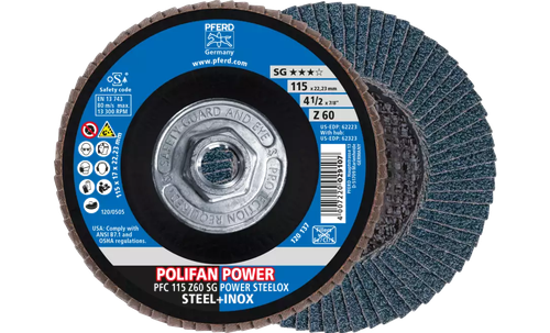 Pferd 62323 Polifan Flap Disc | 5/8-11" Arbor Hole | 4-1/2" Diameter | Zirconia Alumina 60 Grit | Type 29 | Sold by Box of 10