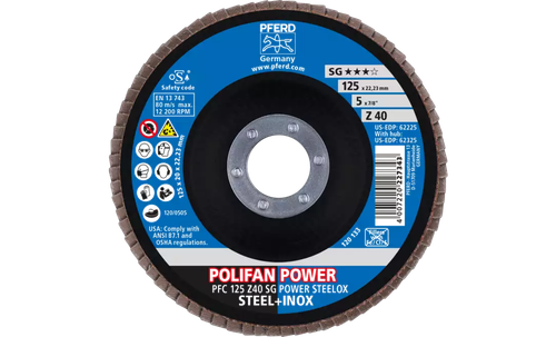 Pferd 62225 Polifan Flap Disc | 7/8" Arbor Hole | 5" Diameter | Zirconia Alumina 40 Grit | Type 29 | Sold by Box of 10