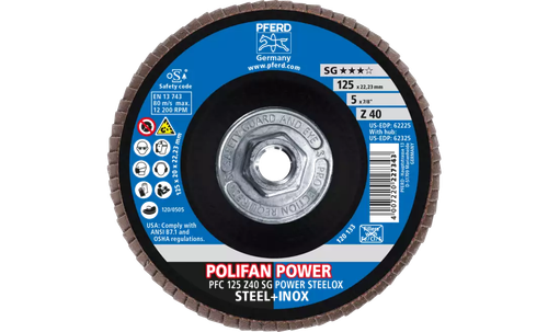 Pferd 62325 Polifan Flap Disc | 5/8-11" Arbor Hole | 5" Diameter | Zirconia Alumina 40 Grit | Type 29 | Sold by Box of 10