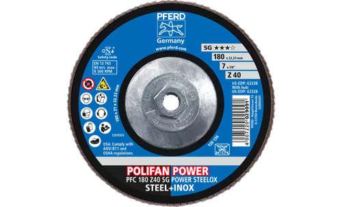 Pferd 62328 Polifan Flap Disc | 5/8-11" Arbor Hole | 7" Diameter | Zirconia Alumina 40 Grit | Type 29 | Sold by Box of 10