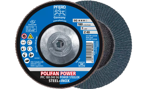 Pferd 62328 Polifan Flap Disc | 5/8-11" Arbor Hole | 7" Diameter | Zirconia Alumina 40 Grit | Type 29 | Sold by Box of 10