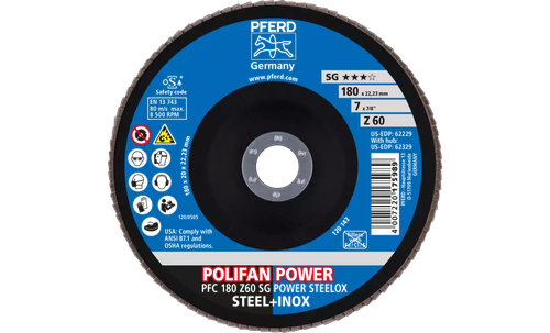 Pferd 62229 Polifan Flap Disc | 7/8" Arbor Hole | 7" Diameter | Zirconia Alumina 60 Grit | Type 29 | Sold by Box of 10