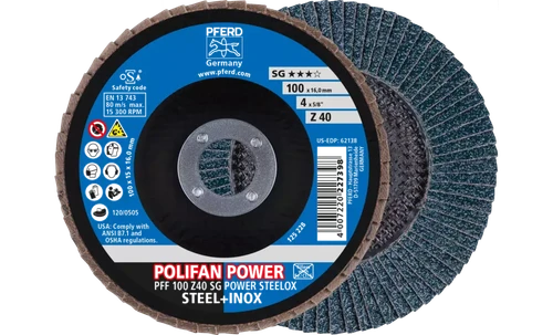 Pferd 62138 Polifan Flap Disc | 7/8" Arbor Hole | 4-1/2" Diameter | Zirconia Alumina 40 Grit | Type 27 | Sold by Box of 10