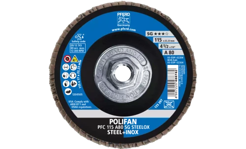 Pferd 62304 SG Steelox Polifan Flap Disc | 5/8-11" Arbor Hole | 4-1/2" Diameter | Aluminum Oxide 80 Grit | Type 29 | Sold by Box of 10