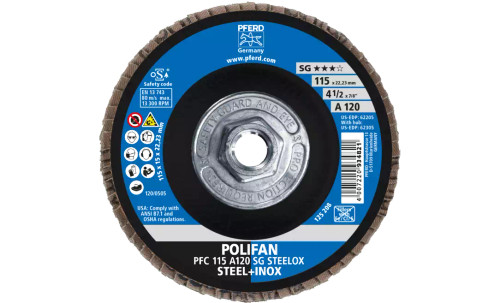 Pferd 62305 SG Steelox Polifan Flap Disc | 5/8-11" Arbor Hole | 4-1/2" Diameter | Aluminum Oxide 120 Grit | Type 29 | Sold by Box of 10