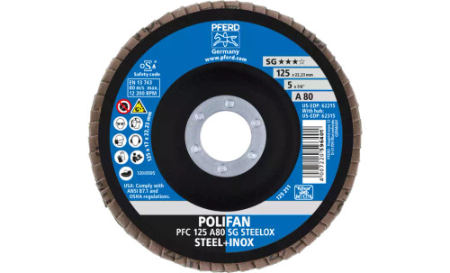Pferd 62215 SG Steelox Polifan Flap Disc | 7/8" Arbor Hole | 5" Diameter | Aluminum Oxide 80 Grit | Type 29 | Sold by Box of 10