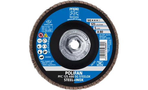 Pferd 62315 SG Steelox Polifan Flap Disc | 5/8-11" Arbor Hole | 5" Diameter | Aluminum Oxide 80 Grit | Type 29 | Sold by Box of 10