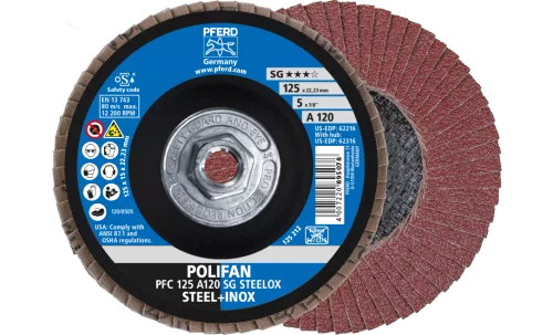 Pferd 62316 SG Steelox Polifan Flap Disc | 5/8-11" Arbor Hole | 5" Diameter | Aluminum Oxide 120 Grit | Type 29 | Sold by Box of 10