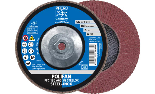 Pferd 62309 SG Steelox Polifan Flap Disc | 5/8-11" Arbor Hole | 7" Diameter | Aluminum Oxide 60 Grit | Type 29 | Sold by Box of 10