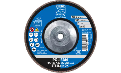 Pferd 62310 SG Steelox Polifan Flap Disc | 5/8-11" Arbor Hole | 7" Diameter | Aluminum Oxide 80 Grit | Type 29 | Sold by Box of 10