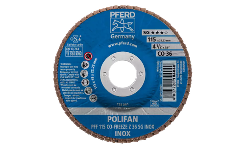 Pferd 60804 Polifan Flap Disc | 7/8" Arbor Hole | 4-1/2" Diameter | Ceramic Oxide 36 Grit | Type 27 | Sold by Box of 10