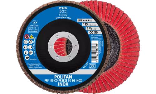 Pferd 60805 Polifan Flap Disc | 7/8" Arbor Hole | 4-1/2" Diameter | Ceramic Oxide 50 Grit | Type 27 | Sold by Box of 10
