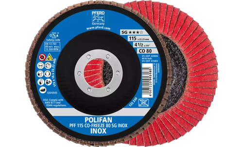 Pferd 60806 Polifan Flap Disc | 7/8" Arbor Hole | 4-1/2" Diameter | Ceramic Oxide 80 Grit | Type 27 | Sold by Box of 10