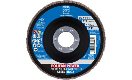 Pferd 62173 Polifan Flap Disc | 7/8" Arbor Hole | 4-1/2" Diameter | Zirconia Alumina 36 Grit | Type 27 | Sold by Box of 10