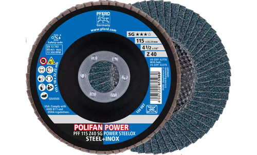 Pferd 62176 Polifan Flap Disc | 7/8" Arbor Hole | 4-1/2" Diameter | Zirconia Alumina 40 Grit | Type 27 | Sold by Box of 10