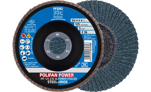 Pferd 62181 Polifan Flap Disc | 7/8" Arbor Hole | 5" Diameter | Zirconia Alumina 36 Grit | Type 27 | Sold by Box of 10