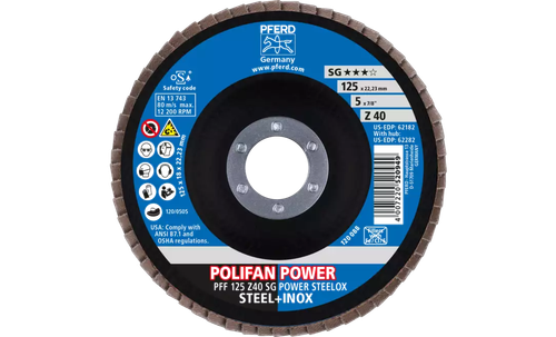 Pferd 62182 Polifan Flap Disc | 7/8" Arbor Hole | 5" Diameter | Zirconia Alumina 40 Grit | Type 27 | Sold by Box of 10