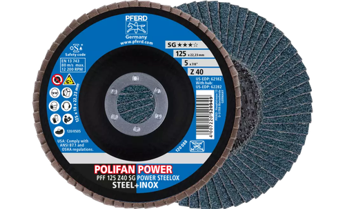 Pferd 62182 Polifan Flap Disc | 7/8" Arbor Hole | 5" Diameter | Zirconia Alumina 40 Grit | Type 27 | Sold by Box of 10