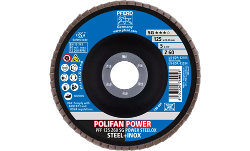 Pferd 62184 Polifan Flap Disc | 7/8" Arbor Hole | 5" Diameter | Zirconia Alumina 60 Grit | Type 27 | Sold by Box of 10