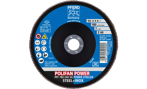 Pferd 62188 Polifan Flap Disc | 7/8" Arbor Hole | 7" Diameter | Zirconia Alumina 40 Grit | Type 27 | Sold by Box of 10