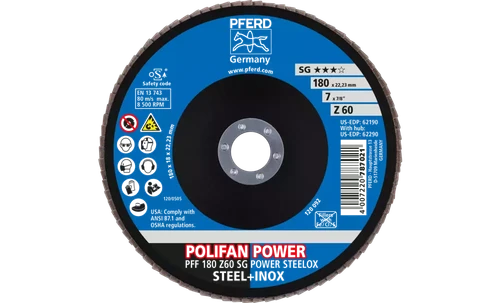 Pferd 62190 Polifan Flap Disc | 7/8" Arbor Hole | 7" Diameter | Zirconia Alumina 60 Grit | Type 27 | Sold by Box of 10