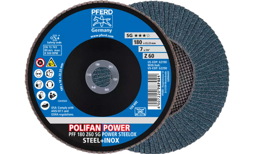 Pferd 62190 Polifan Flap Disc | 7/8" Arbor Hole | 7" Diameter | Zirconia Alumina 60 Grit | Type 27 | Sold by Box of 10