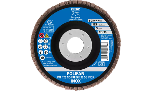Pferd 60807 Polifan Flap Disc | 7/8" Arbor Hole | 5" Diameter | Ceramic Oxide 36 Grit | Type 27 | Sold by Box of 10