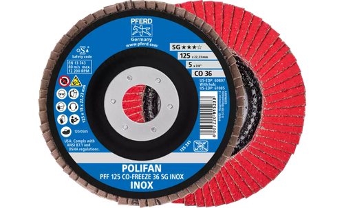 Pferd 60807 Polifan Flap Disc | 7/8" Arbor Hole | 5" Diameter | Ceramic Oxide 36 Grit | Type 27 | Sold by Box of 10