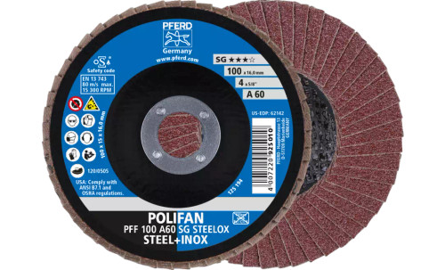 Pferd 62142 SG Steelox Polifan Flap Disc | 5/8" Arbor Hole | 4" Diameter | Aluminum Oxide 60 Grit | Type 27 | Sold by Box of 10