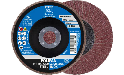 Pferd 62146 SG Steelox Polifan Flap Disc | 5/8" Arbor Hole | 4" Diameter | Aluminum Oxide 120 Grit | Type 27 | Sold by Box of 10