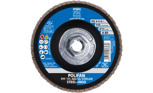 Pferd 62254 SG Steelox Polifan Flap Disc | 5/8-11" Arbor Hole | 4-1/2" Diameter | Aluminum Oxide 80 Grit | Type 27 | Sold by Box of 10