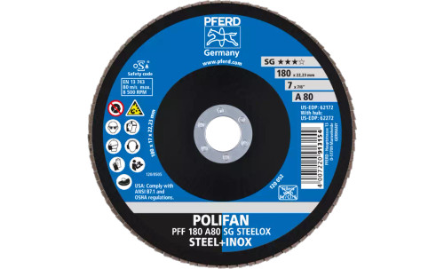 Pferd 62172 SG Steelox Polifan Flap Disc | 7/8" Arbor Hole | 7" Diameter | Aluminum Oxide 80 Grit | Type 27 | Sold by Box of 10